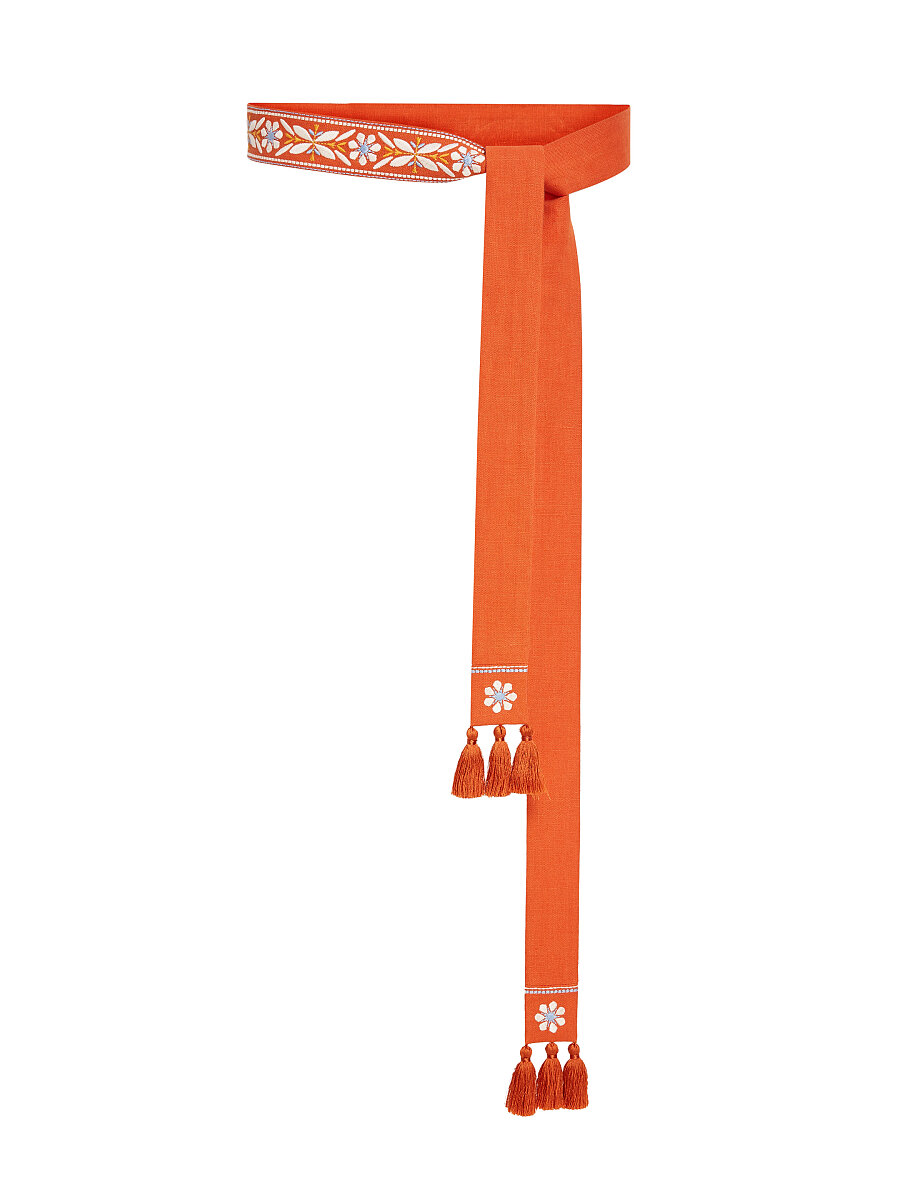 Лляний вишитий пасок морквяного кольору «Флора» [0]